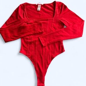 H&M Red Long Sleeve Square Neck Bodysuit